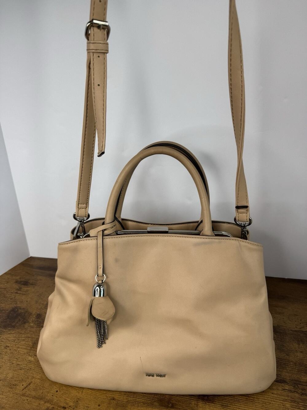 Nine West Beige Frame Satchel Handbag Crossbody Strap Tassel Shoulder Bag